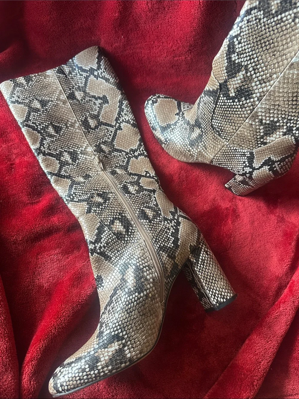 Snake-Print Knee High Women's Boots - Taupe/Black